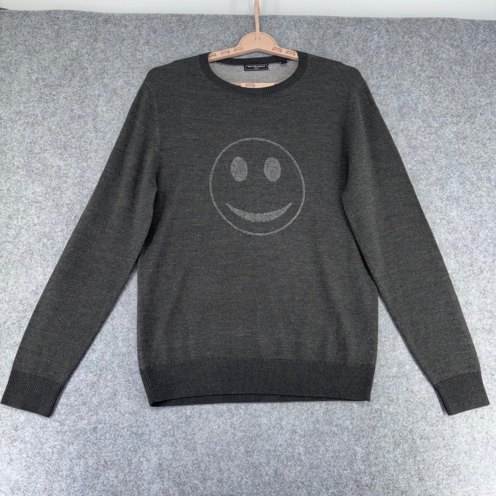 Saks Fifth Avenue Modern Blk/Gray Merino Wool Blend Smiley Face Sweater Large